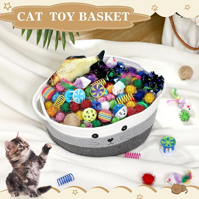 Zopeal 58 Pcs Summer Graduation Cat Storage Basket Gift Toys Set, Colorful Flashing Balls Pet Bell Crinkle Balls Spring Toys Attract Cat to Swat, Hunt, Interactive for Pet(Multicolor,12 Inch)
