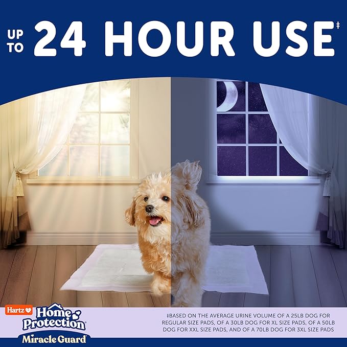 Hartz Miracle Guard Dog and Puppy Dog Pads Max Absorbency 24 Hour Use Odor Eliminating Lavender Scented No Leaks, 3XL Size 20 Count