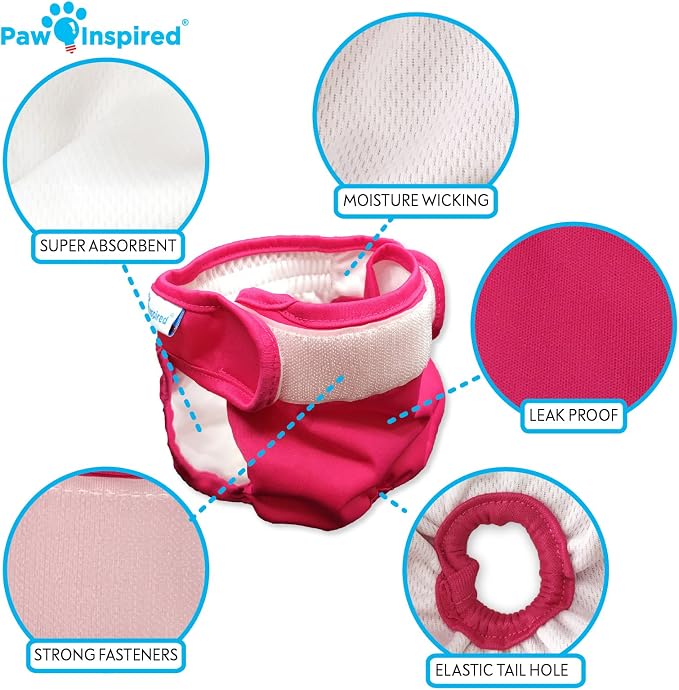 Paw Inspired Washable Reusable Dog Diapers Female, Cloth Dog Diapers, Dogs in Heat, Dog Incontinence (Assorted (White Lining), Large (2 Ct.))
