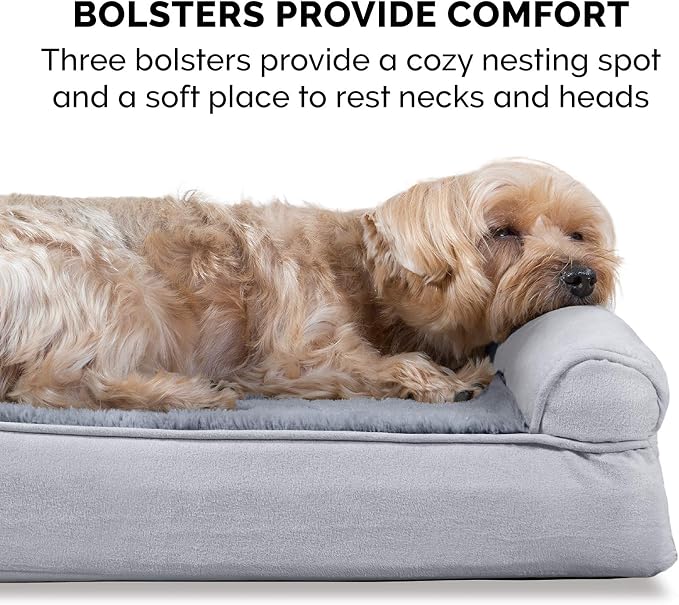 Furhaven Memory Foam Dog Bed for Large/Medium Dogs w/ Removable Bolsters & Washable Cover, For Dogs Up to 55 lbs - Plush & Suede Sofa - Gray, Large