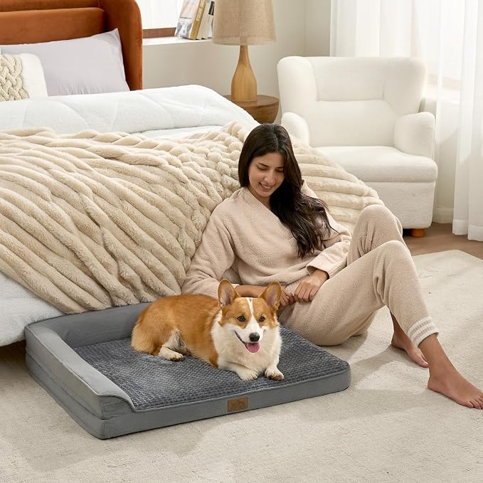 COZY KISS Orthopedic Dog Bed for Medium Small Size Dog, Dogs Crate Bed, L Shaped Foam Anti-Slip Bottom Pet Cat Sofa with Washable Removable Cover, Suitable for Pet Up to 40 lbs, 30x20x6.5 inch, Grey
