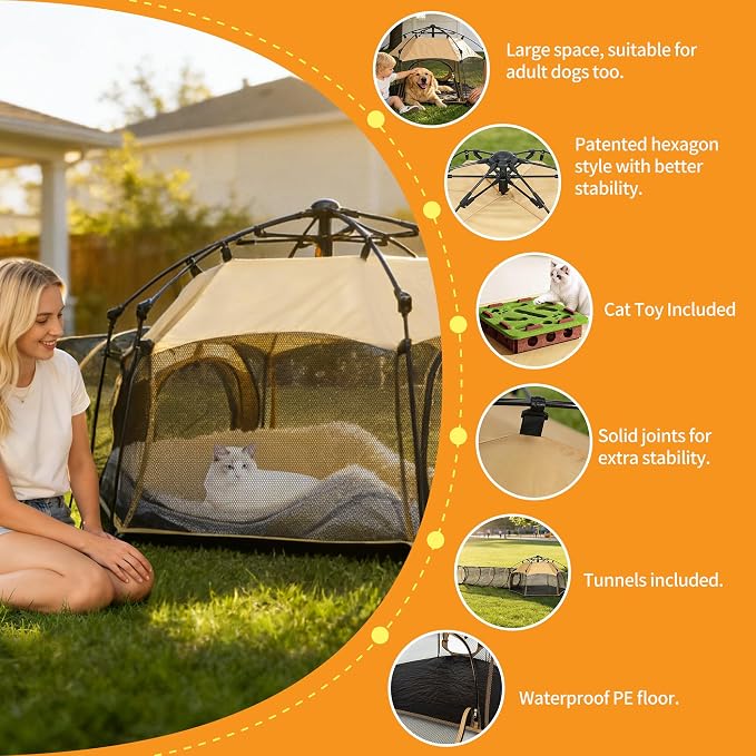 Pumpkin Cat Tent for Indoor and Outdoor Cat Enclosures, X-Large Portable Pop Up Cat Playpen with Tunnel, Foldable Breathable Mesh Pet Tent for Cats, Rabbits and Small Animals