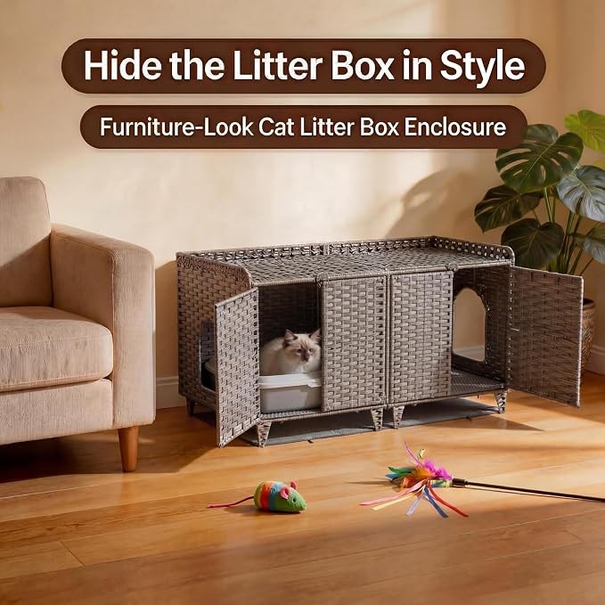 Garvee Handwoven Rattan Cat Litter Box Enclosure Furniture, Hidden Cat Washroom Cabinet with Door and Mat, Spacious Pet House with s-Hooks, for Living Room and Bedroom