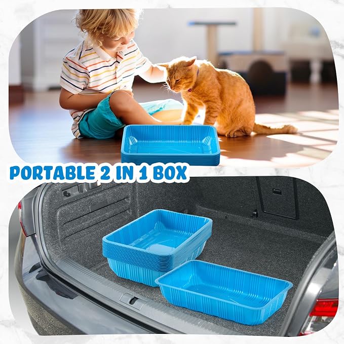Tessco for you 30 Pack Disposable Cat Litter Boxes, Plastic Leakproof Litter Trays for Cats, Disposable Travel or Temporary Litters Pan for Kittens and Small Pets, 16.7 x 10.5 x 3.4 Inch(Blue)