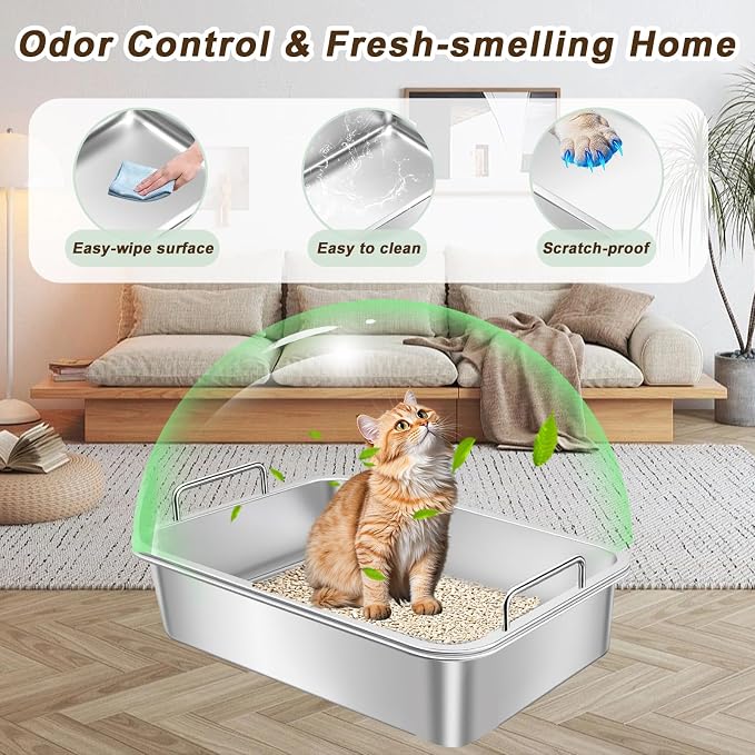 Stainless Steel Sifting Cat Litter Box for Clumping Clay Litter,Large Metal Litter Box with Litter Bag,Sifting Tray and Handle for Easy Lifting, Odor Control (19.7" x 13.7" x 5.9")