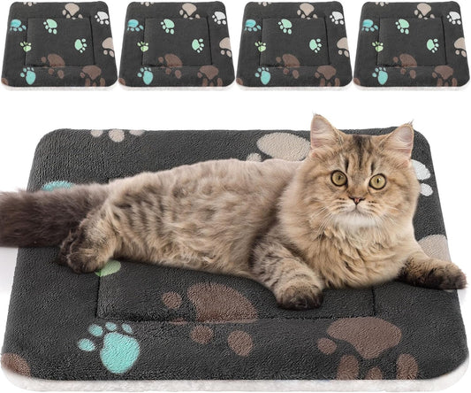 4 Pack Ultra Soft Dog Cat Bed Mat with Cute Prints Reversible Fleece Dog Crate Kennel Pad Cozy Washable Thickened Hamster Guinea Pig Pet Bed Mat for Small Animals(21 x 14 Inches,Black)