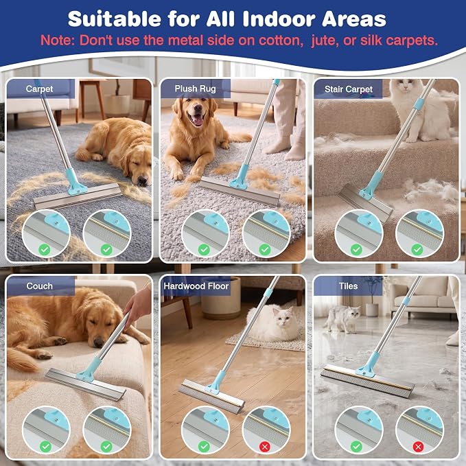 Carpet Rake for Pet Hair Removal: Adjustable 54" Handle No Bending | 3 in 1 Pet Hair Removal Tool Upgraded Silicone Metal Deep Clean Dog Cat Fur Remover Broom Reusable for All Rugs Couch Stairs
