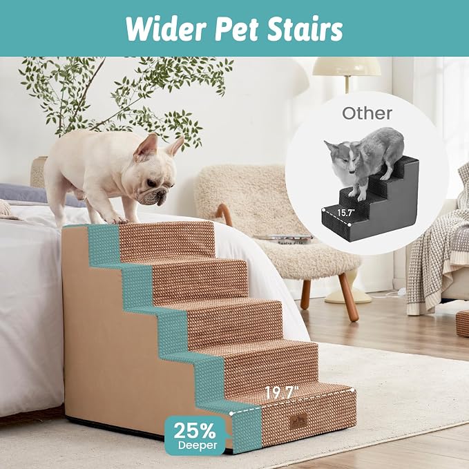 COZY KISS Dog Stairs for Small Dogs 5-Step, 19.7" Extra Wide Right-Angle Pet Stairs for Couch and Beds, Anti-Slip Dog Steps for Old Cats and Lowrider, 19.7x29.5x23.6 inch, Light Brown