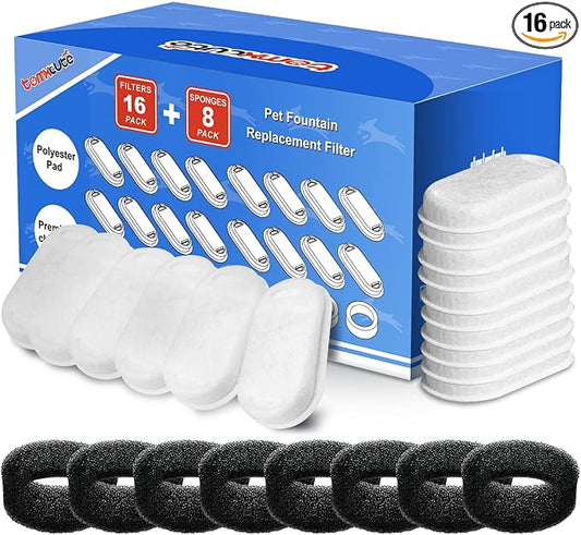 Official Tomxcute Cat Water Fountain Replacement Filters - 16 Pack Cat Fountain Filter for 3.2L/108oz & 4L/135oz Pet Water Fountain, Three-Layer Filtration Replacement Filters(16+8 Pack), 8 Month Set