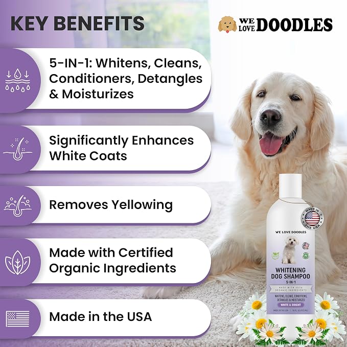 We Love Doodles Whitening Dog Shampoo & Slicker Brush - Made in USA, Brightening Dogs Fur, Removes Stains & Discoloration, for Grooming Pet Hair, Long Pin Brush for Dematting