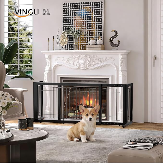 Bonnlo Free Standing Dog Gate, 37" - 68" Wide Pet Gate for Fireplace Stairs Doorways, Wooden Adjustable Pet Fence Indoor, Christmas Tree Gate (Black)