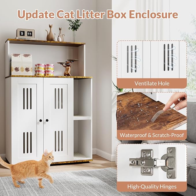 Rovibek Cat Litter Box Enclosure for 2 Cats, Litter Boxes Furniture Hidden with Storage, Cat Litter Cabinet with Scratch Mat, Fit Most of Litter Box, White