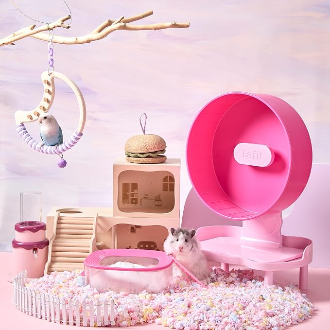 Quiet Hamster Wheel 10.2 Inch Dual-Bearings Silent Small Animals Running Exercise Wheel Height Adjustable for Syrian Hamsters, Gerbils, Rats, or Other Small Pets, Raspberry Pink