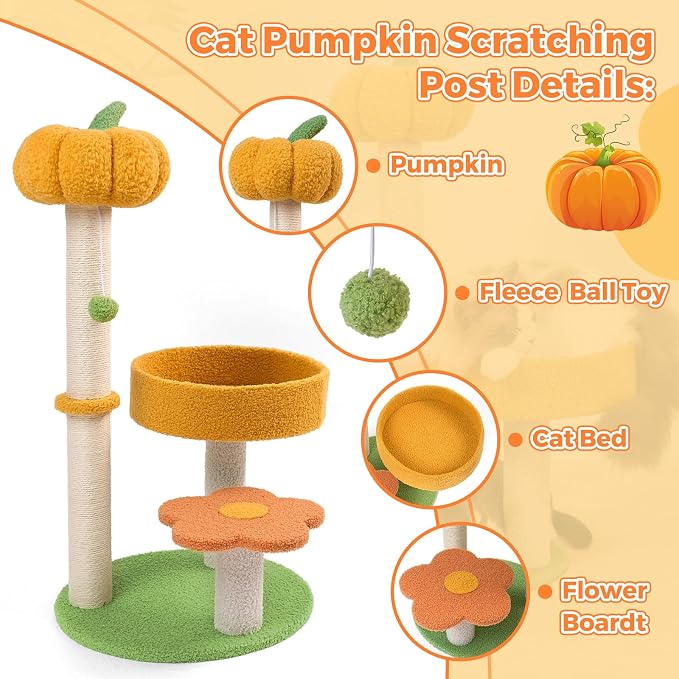 Cat Tree Post, 29.5" Pumpkin Flower Cat Tower Kittie Flower Kitten Nest with Sisal Post, Cozy Fluffy Cat Condo 3 Pillars Kitten Climbing Scratcher for Indoor Activity