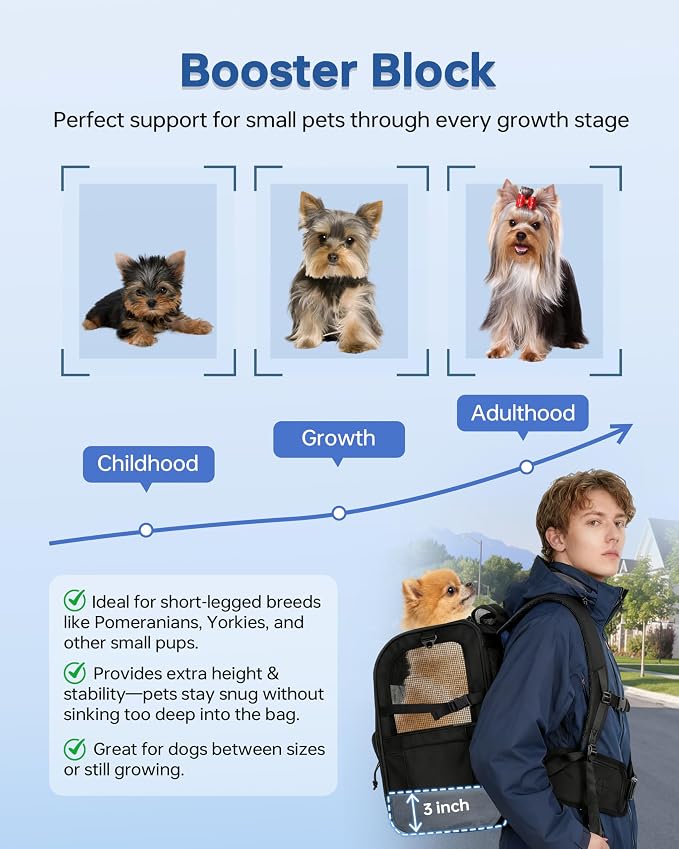 Hiking Dog Carrier Backpack, Padded Height-Enhancing Design, Adjustable Waist Cushioning Belt with Breathable Padded Back Support, Dog Carrier Backpack for Small Dogs Max 13LB Black with Pad