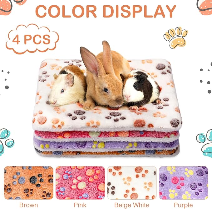 Haull 4 Pcs Waterproof Guinea Pig Bedding Soft Dog Cat Bed Crate Mat Small Animal Plush Cage Liners Rabbit Bunny Kennel Pad Reversible Cozy Pee Thickened Hamster Pad(Paw,13 x 10 Inch)