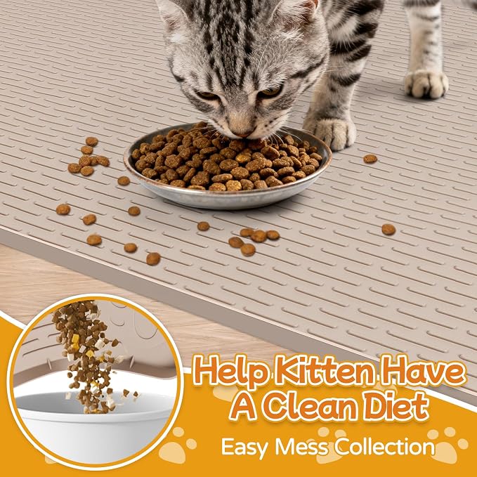 Cat Food Mat, 40" x 28" Large Silicone Mat Cat Feeding Mat with Raised Edge Non-Slip Pet Feeding Mat for Food and Water Bowl, Easy to Clean, Floor Protection (Khaki)
