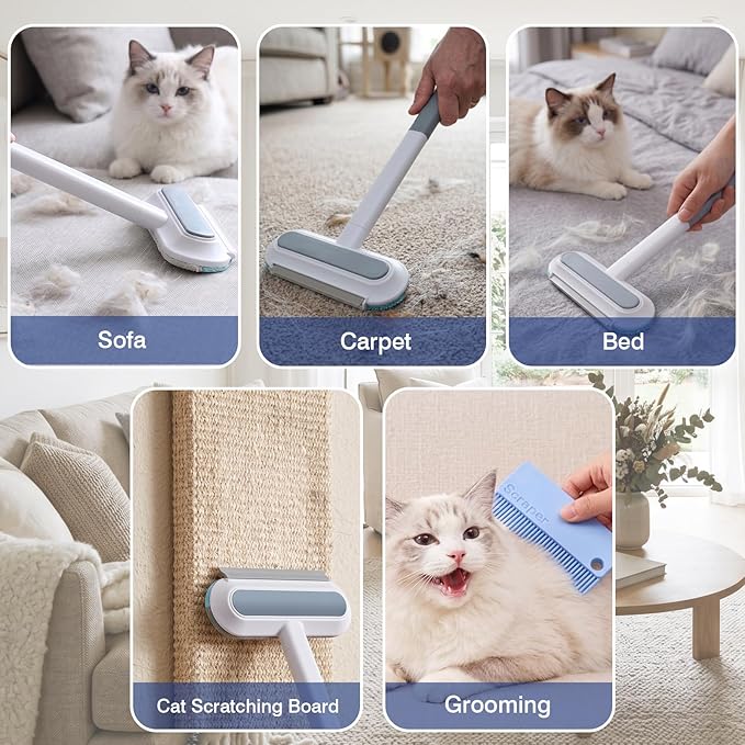 Carpet Rake for Pet Hair Removal: Adjustable 54" Handle No Bending | 3 in 1 Pet Hair Removal Tool Upgraded Silicone Metal Deep Clean Dog Cat Fur Remover Broom Reusable for All Rugs Couch Stairs