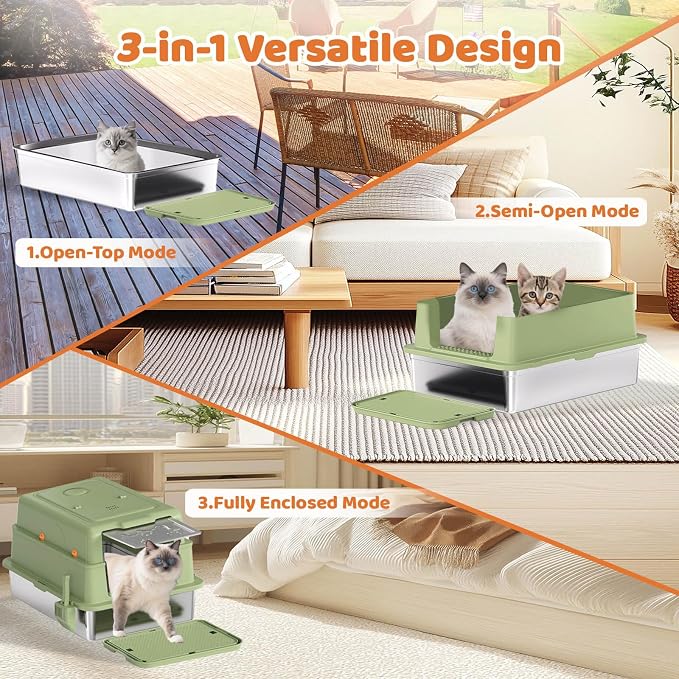 Homegroove XXXL Stainless Steel Litter Box with Lid, 28''x20''x18'' Extra Large Cat Litter Box with Litter Scoop & Pedal, Enclosed Metal Cat Litter Pan for Large & Multi-Cats, Anti-Leakage (Green)