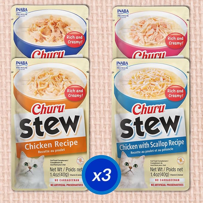 INABA Churu Stew for Cats, Side Dish Pouch with Vitamin E, 1.4 Ounces per Pouch, 24 Pouches, Chicken & Seafood Variety