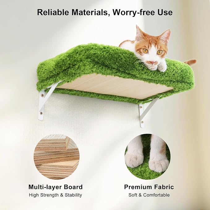 FUKUMARU Cat Wall Shelves, Stable & Safe 4 in 1 Cat Walls Furniture Set, Wooden Kitten Climbing Wall with Scratching Post for 16 Inch Drywall - Green