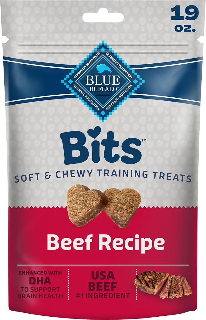 Blue Buffalo Bits Beef Soft & Chewy Dog Treats, Bite-Sized for Training, Made with Real Beef & Enhanced with DHA, Heart-Shaped Dog Treats, Made in the USA with Natural Ingredients, 19 oz.