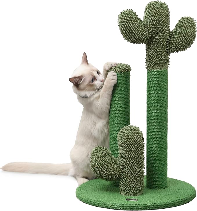25.25" Modern Jute Triple-Cactus Cat Scratching Post Green | Toy Included, Plush Fabric, Scratchable Surface