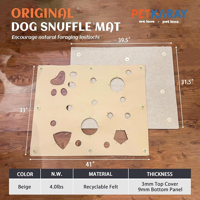 PETKARAY Felt Dog Snuffle Mat, Interactive Dog Enrichment Sniffing Mat, Mental Stimulation - Removable Enrichment Puzzle Toy Play Mat, Beige