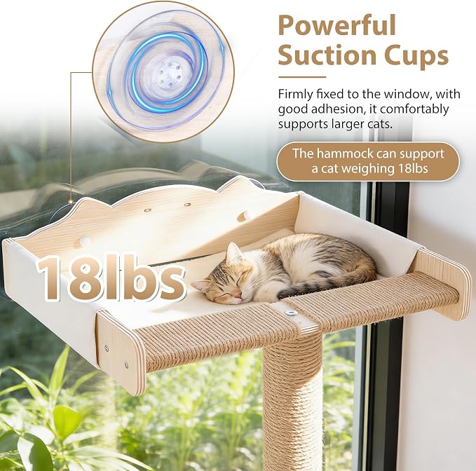 Fantasreen Cat Window Hammock 48" Adjustable Scratching Posts, Multi-Level Window Mounted Cat Tree with Natural Sisal and Track Toys for Large Cats, Climbing, Sunbathing & Bird Watching (Drill-Free)
