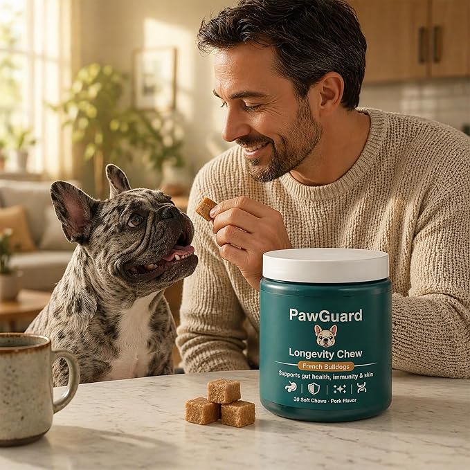 PawGuard French Bulldog Longevity Chews, Breed-Specific Formula Supplement for Bulldogs' Probiotics Chews, Supports Gut Health, Immunity & Skin, Pork Flavor, 30 Count (2 PCS)
