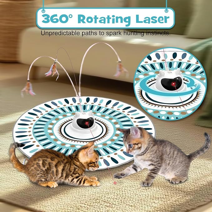 3 in 1 Automatic Interactive Cat Toy for Indoor Cats, USB Rechargeable Adjustable Laser, 360° Rotating Feather Wand, Real Bird Chirp, Motion-Activated Hide Seek Mat, Auto-Off, Quiet Operation