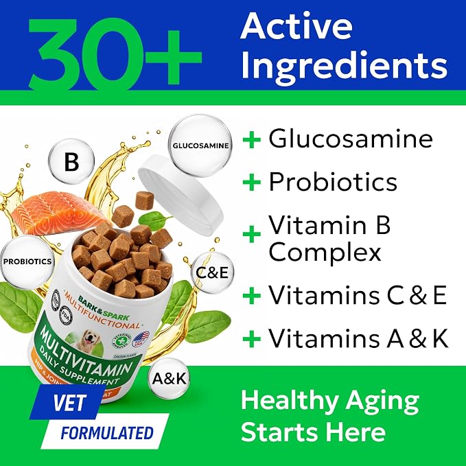 BARK&SPARK Dog Multivitamin Chews Glucosamine Chondroitin with Omega 3, Digestive Enzymes & Probiotics | Vitamins and Supplements for Dogs Pet Skin & Coat & Joint & Gut Health Support - 240ct
