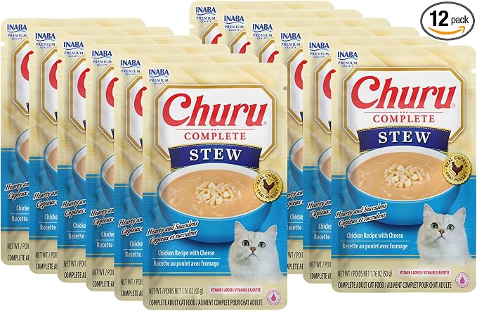 INABA Churu Complete Stew for Cats, Grain-Free, High Protein & Moisture, Wet Cat Food with Fish Oil, 1.76oz. Pouch, 12 Pouches, Chicken with Cheese Recipe