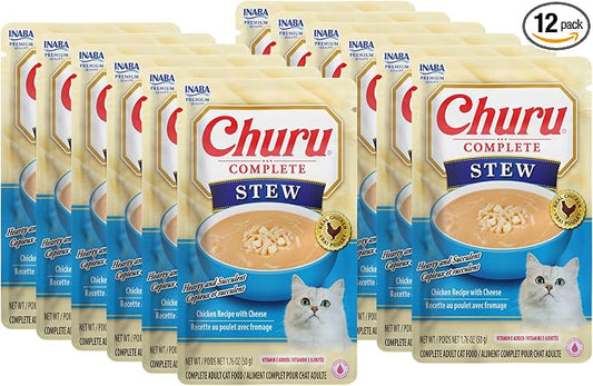 INABA Churu Complete Stew for Cats, Grain-Free, High Protein & Moisture, Wet Cat Food with Fish Oil, 1.76oz. Pouch, 12 Pouches, Chicken with Cheese Recipe