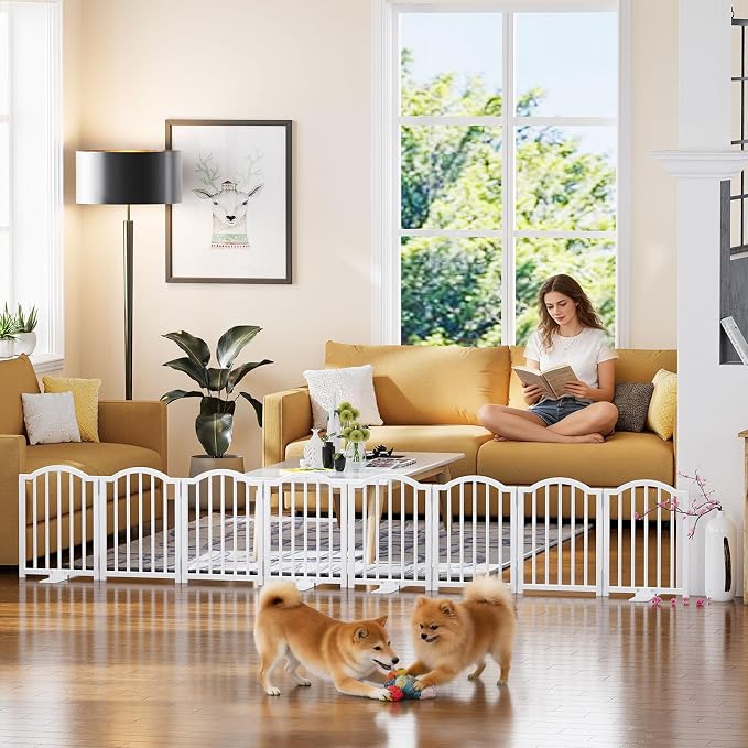 Snughome 2 Pack Short Dog Gate Indoor, 16" High Freestanding Small Dog Gates with Support Feet, Expand Up to 48’’Wide Foldable Pet Gate for Doorway, 8 Panel Pet Door Pet Fence for Puppy, White
