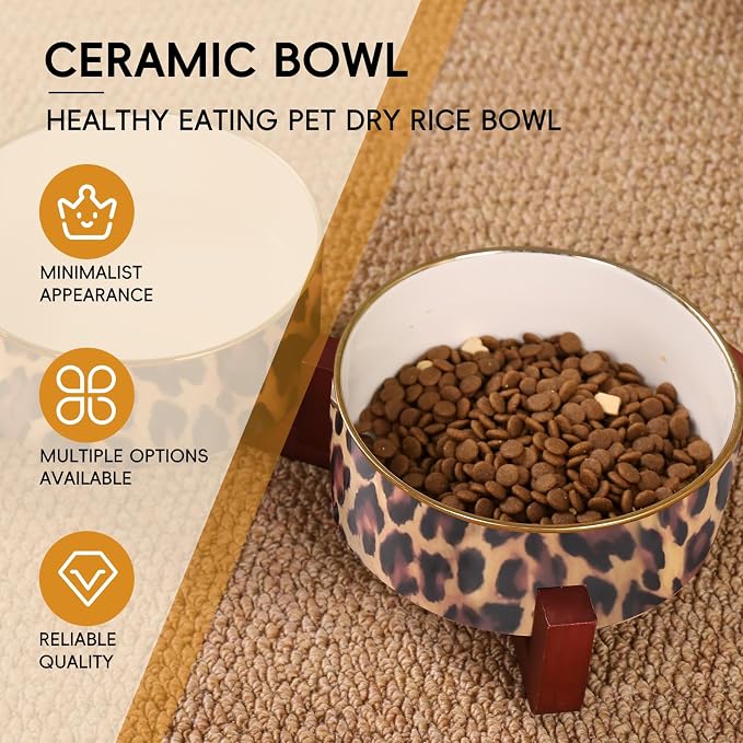Dog Bowl Set with Wood Stand, Non-Slip Anti-Tip Elevated Design, Double Ceramic Animal Food Water Cat Bowls, Suitable for Large/Medium Sized Dog Pet Feeder Dish Station - 32 OZ, Leopard Print