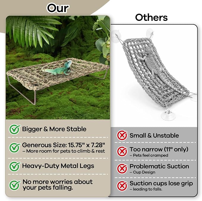 Bearded Dragon Hammock, 15.75''x7.28'' Large Reptile Tank Accessories with Collapsible Sturdy Metal Legs, Basking Platform Bed Habitat for Lizard Leopard Gecko Snake Turtle Hermit Crab and Frog