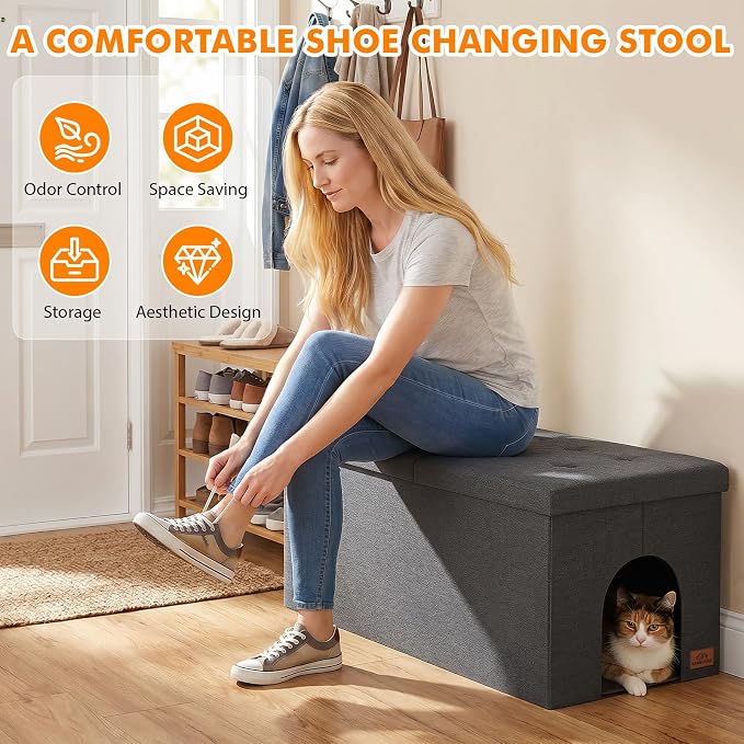 Zerbuger Cat Litter Box Enclosure Furniture for Odor Control, Hidden Cabinet Cats Litter Ottoman with Flip-Up Lid,Cat Litter Box Bench with Storage Space, Dog Proof(Grey, X-Large)