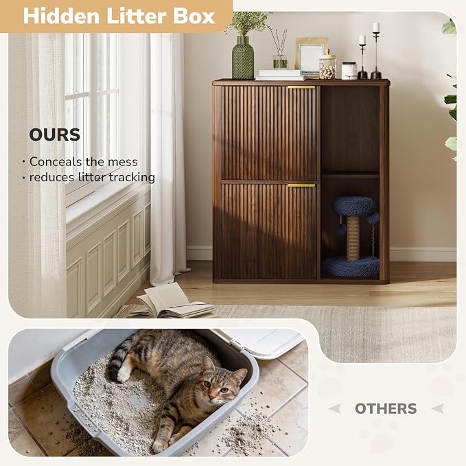 Rovibek Double Cat Litter Box Enclosure Furniture, Fluted Hidden Litter Box Enclosure for 2 Cats with Double Room, Mid Century Dual Cat Litter Cabinet with Scratching Post, Dangling Ball, Walnut