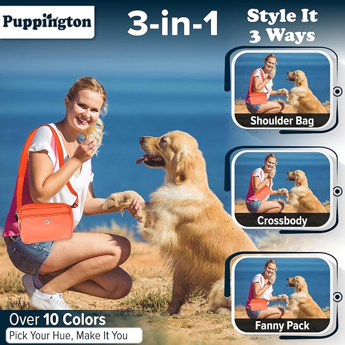 Puppington 3-in-1 Crossbody & Dog Treat Pouch for Pet Training - Matching Compostable Poop Bags, Built-In Poop Bag Dispenser & Slow-Feeding Travel Dog Bowl - Dog Walking Bag (Poppy Orange)