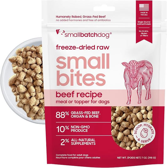smallbatch Freeze-Dried Beef Dog Food – Grain Free, Organic Produce – Raw Dehydrated Beef Small Bites, High Protein Complete Meal or Topper – Humanely Raised, Made in USA, 7oz