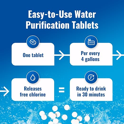 Drinking Water Essentials Kit - 100 Aquatabs Water Purification Tablets + 50 Chlorine Test Strips - for Boat and RV Tanks - By Aquamarine Water Solutions