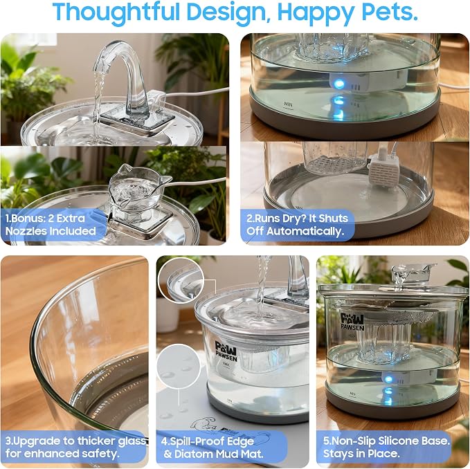 70oz Glass Cat Water Fountain – Ultra-Quiet for Cats & Small Dogs | 3-Stage Filter, 3 Spray Heads + LED Light, Stainless Steel Top, Dishwasher-Safe Glass Bowl, Easy-Clean Design