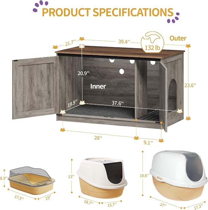 Hzuaneri Cat Litter Box Enclosure with Cushion, Hidden Litter Box Furniture with Removable Dividers, Reversible Entrance Left or Right Side, Cat House, Greige CB84705X
