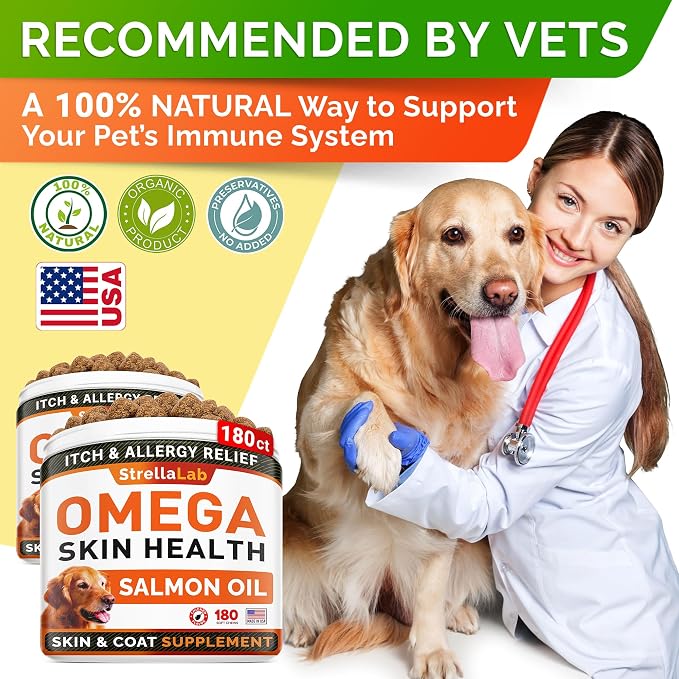 StrellaLab Omega 3 for Dogs - (360Ct) Fish Oil Treats - Allergy & Itch Relief Skin & Coat Supplement - Dry Itchy Skin, Anti Shedding & Hot Spots Treatment - Pet Salmon Oil Chews - Salmon Flavor