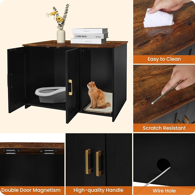 DWANTON Litter Box Enclosure, Cat Litter Box Furniture Hidden, with Scratching Mat, Wooden Cat Washroom Indoor, 31.5" L x 19.7" W x 21.7" H, Black and Rustic Brown