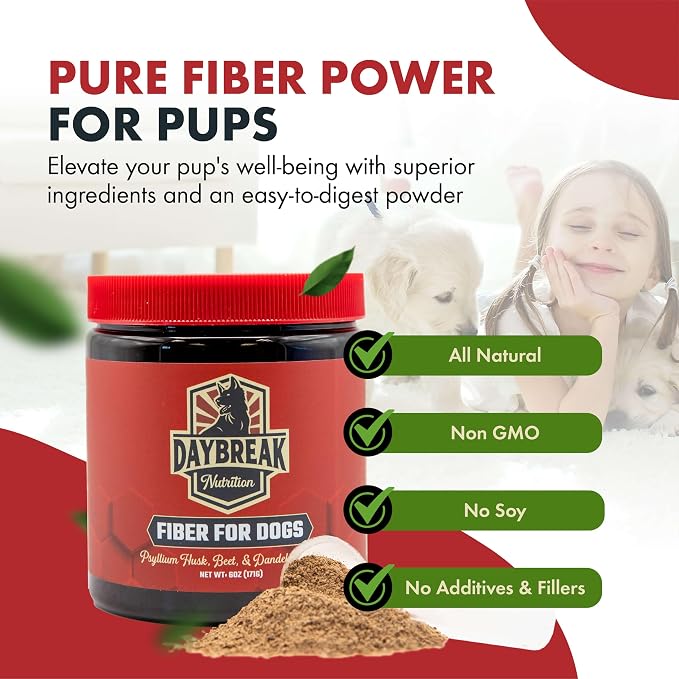 Daybreak Nutrition Fiber for Dogs Psyllium Husk, Beet Root, Dandelion Root, and Prebiotics to Aid in Relief from Diarrhea, Constipation, Anal Gland Issues, and Scoots