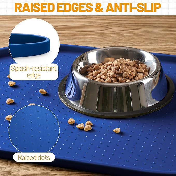 Hubulk 100% Waterproof Silicone Pet Feeding Mat with Raised Edge for Food and Water, Dog Bowl Mats, Cat Bowls Placemat with High Lip Protects Floor for Cats and Dogs (Navy Blue, 24" L x 16" W)