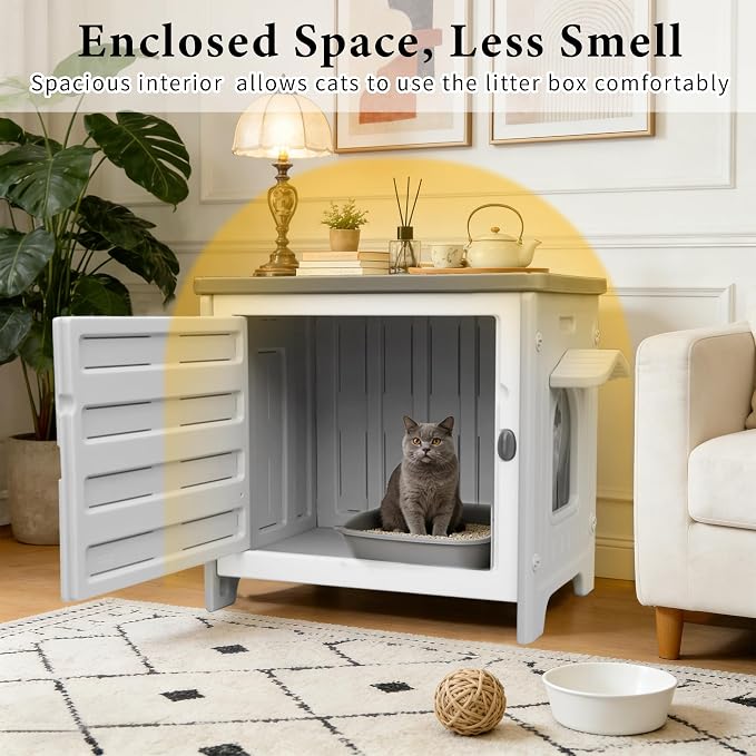 Cat Litter Box Enclosure Furniture Plastic Hidden Enclosed Litter Box Cabinet Cat House Kitty End Table for Living Room, Entryway, Balcony, Bedroom