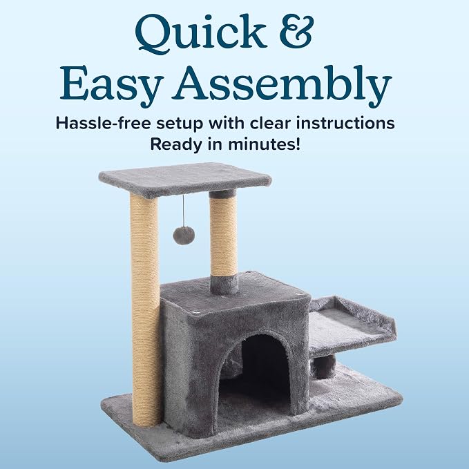 24.5in Small Cat Tree Tower - Cat Tower with Napping Perches, Kitten Condo, 2 Rope Scratching Posts, and Hanging Toy - Multi-Level Kitten Tree and Climbing Activity Furniture by PETMAKER (Gray)